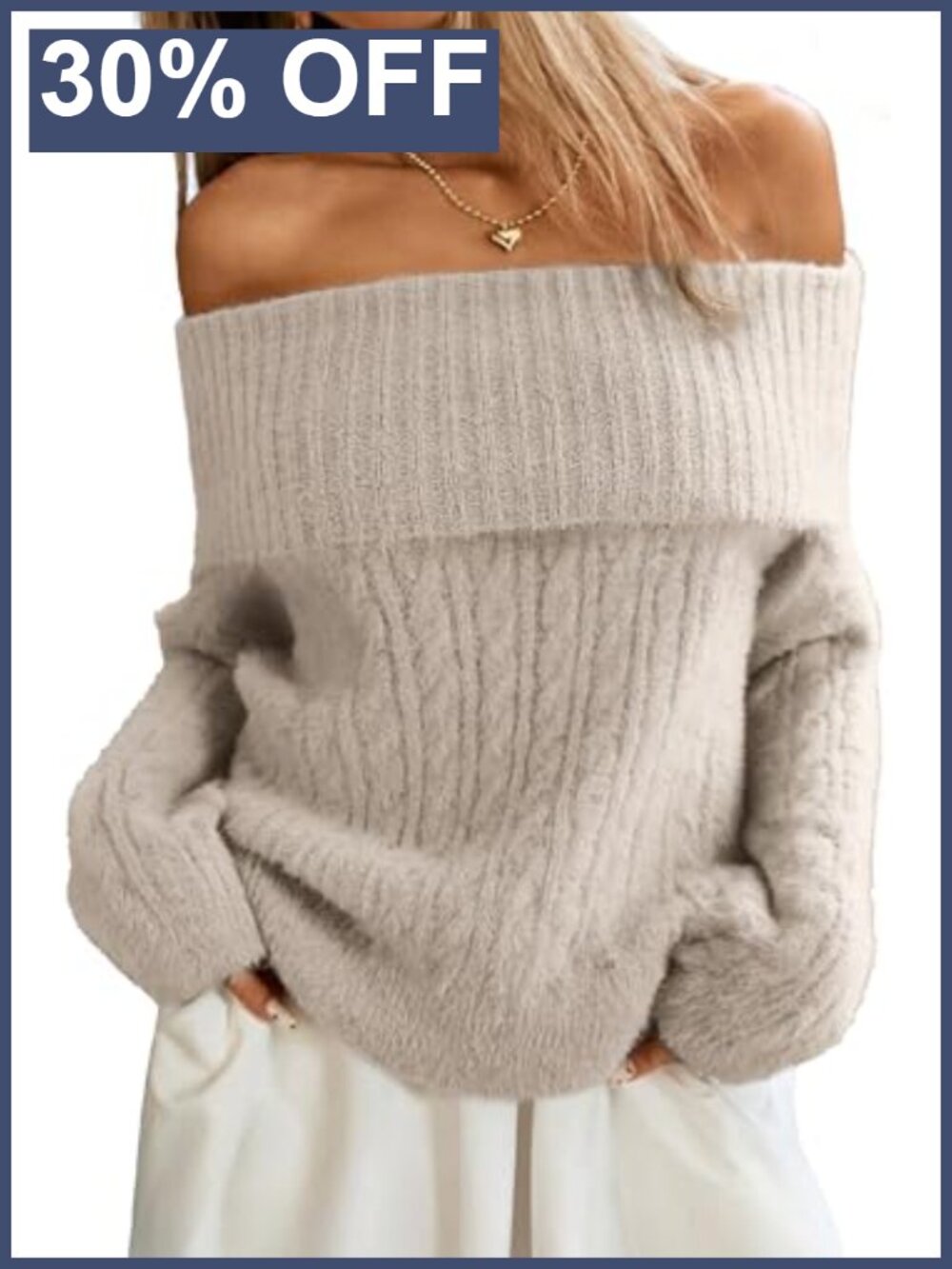 Off Shoulder Cable Knit Sweater Soft Oversized Pullover Wide Collar